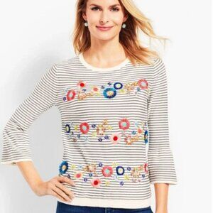 Talbots Petites Embroidered Floral Striped Sweater MP Bell Sleeve